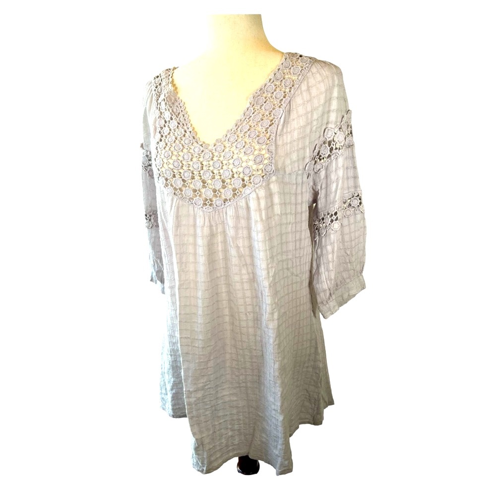 Mollo Rello Boho Peasant Crochet Lavender/Gray V-Neck Tunic/ Dress //Size Medium - Picture 2 of 8